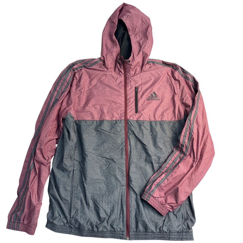 Adidas Mens Hooded Windbreaker Jacket Burgundy Grey Colorblock Full Zip Large